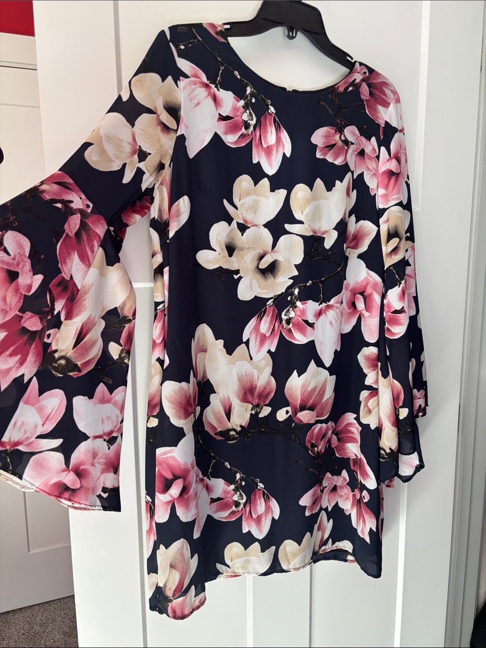 Women's Floral Bell-Sleeve Dress - Navy with Pink & Cream Blooms